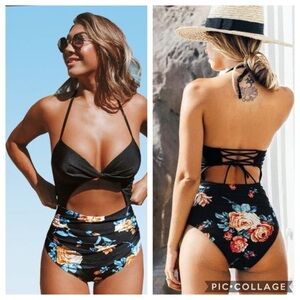 Cupshe Black Floral Halter Cutout Lace-Up One Piece Swimsuit Sz S  NWT